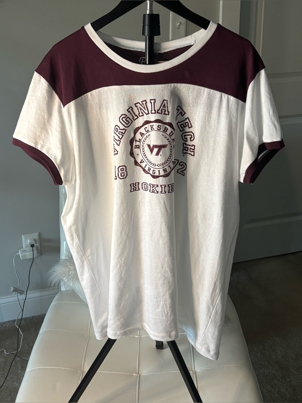 Virginia Tech Ringer Short Sleeve Tee in White and Maroon